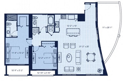 Floor plan for 2 beds, 2 baths, 1362 sqft